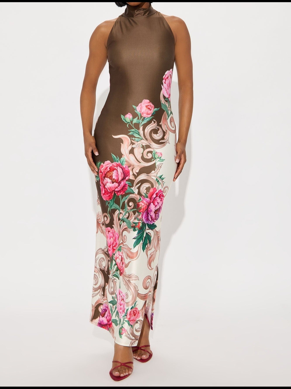 Brown & Floral High-Neck Maxi Dress
